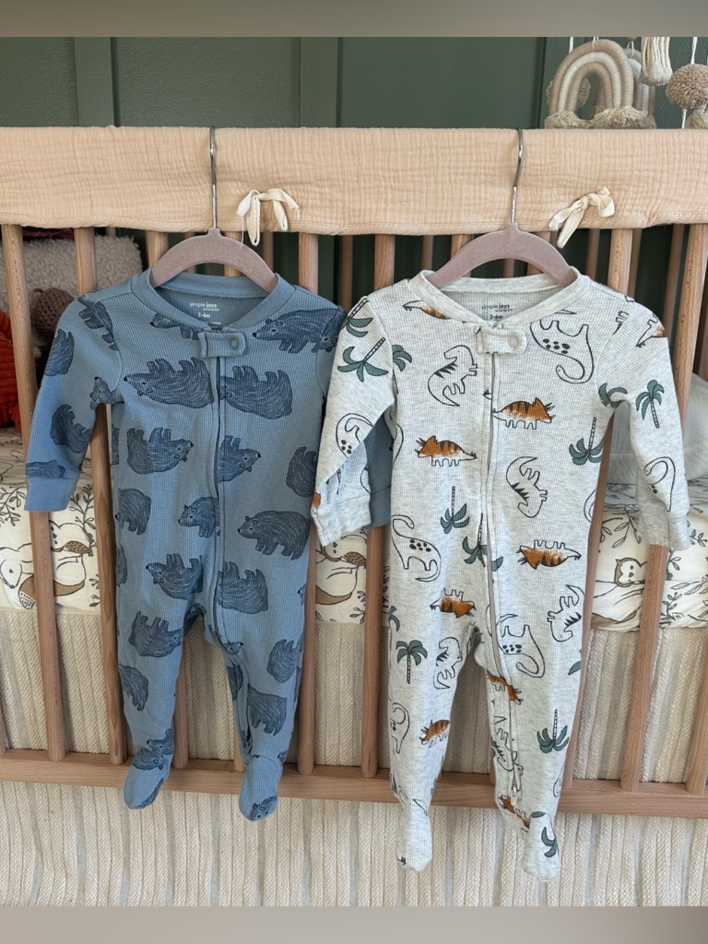 Baby Boy Pajamas Sleep and Play Set Waffle Knit Blue Bear and Light Gray Dino